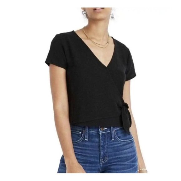 Madewell Texture & Thread Wrap-Tie Short Sleeve Top in Black - Size M - Picture 1 of 5